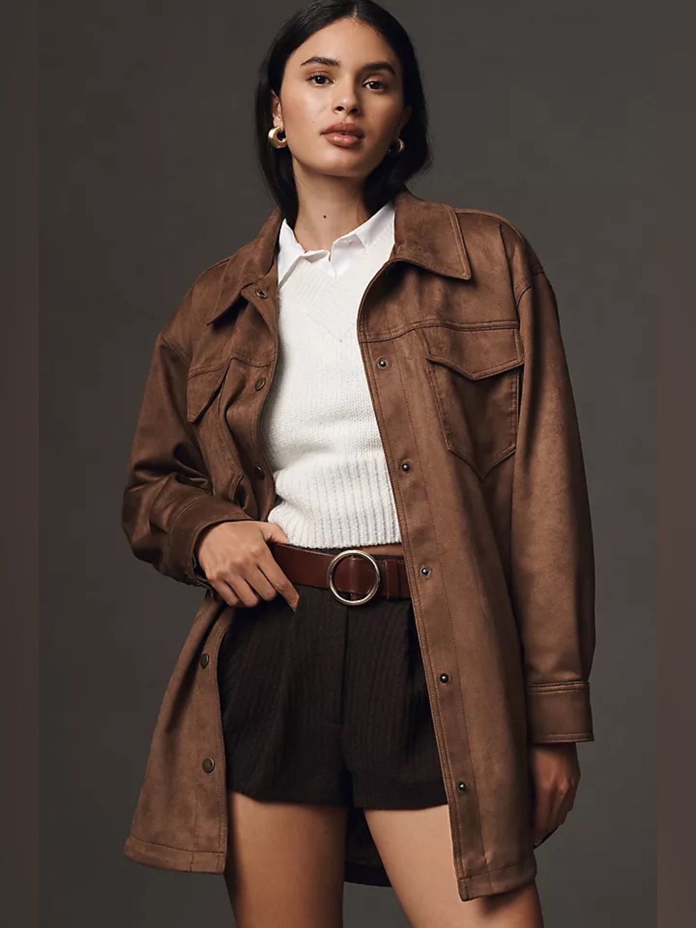 Pilcro the Tillie Relaxed Brown Faux-Suede Overshirt Shirt Jacket